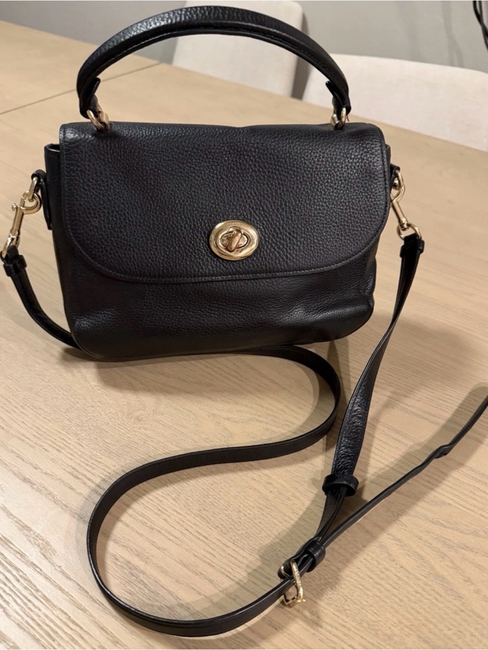 Coach Black Leather Top-Handle Crossbody Bag with Gold Turn-Lock